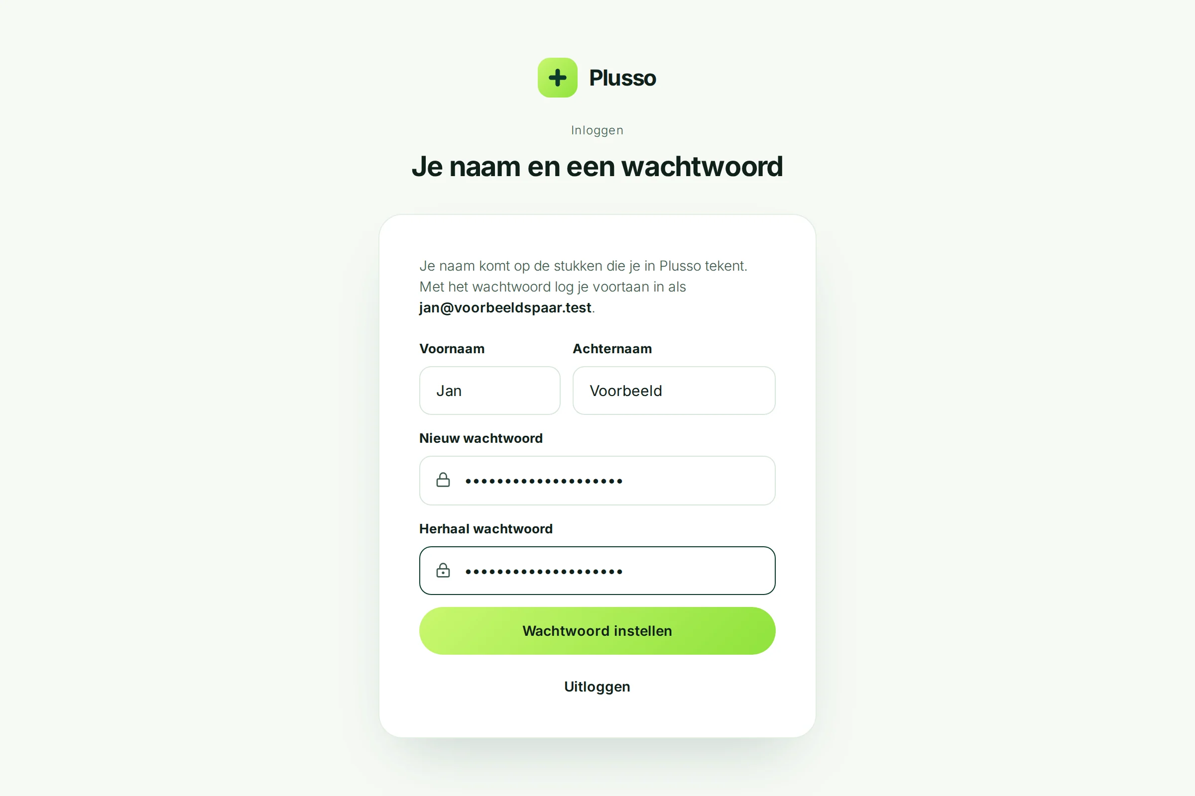 De pagina Je naam en een wachtwoord met voornaam, achternaam en twee wachtwoordvelden ingevuld