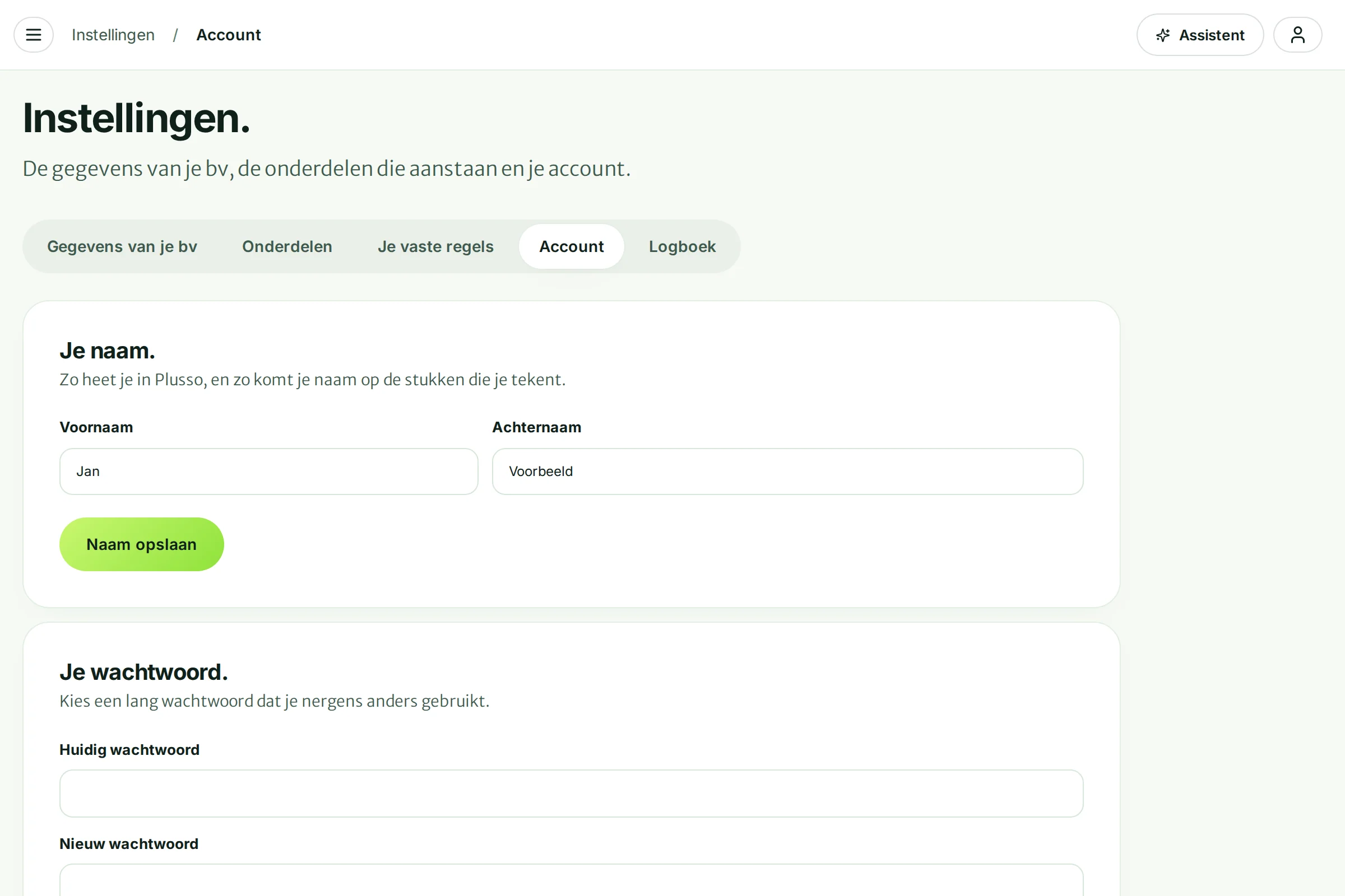 De tab Account met Je naam (voornaam en achternaam) en daaronder Je wachtwoord