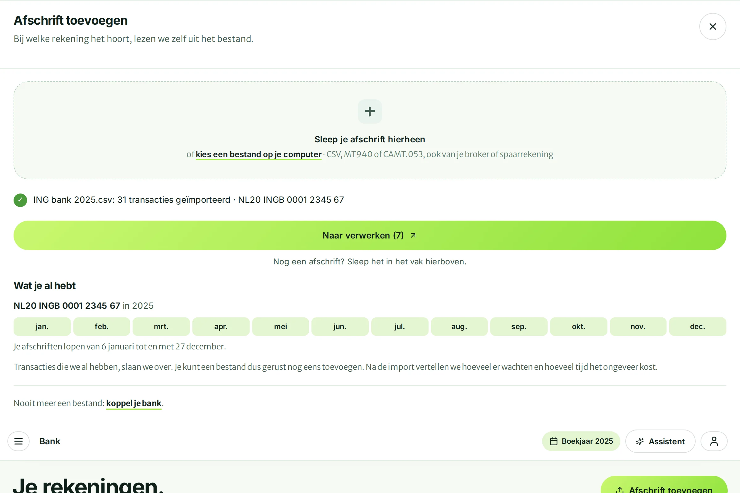 Het afschrift ING bank 2025.csv met 31 transacties gelezen, de knop Naar verwerken en twaalf groene maanden