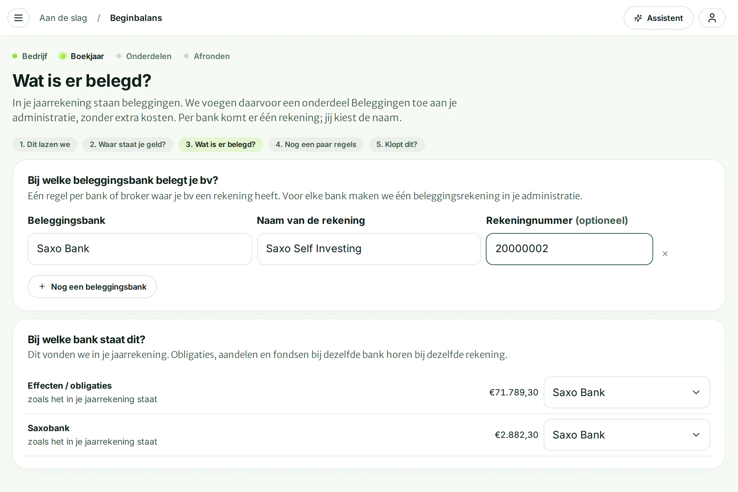 De vraag Wat is er belegd? met Saxo Bank, de naam Saxo Self Investing en het rekeningnummer