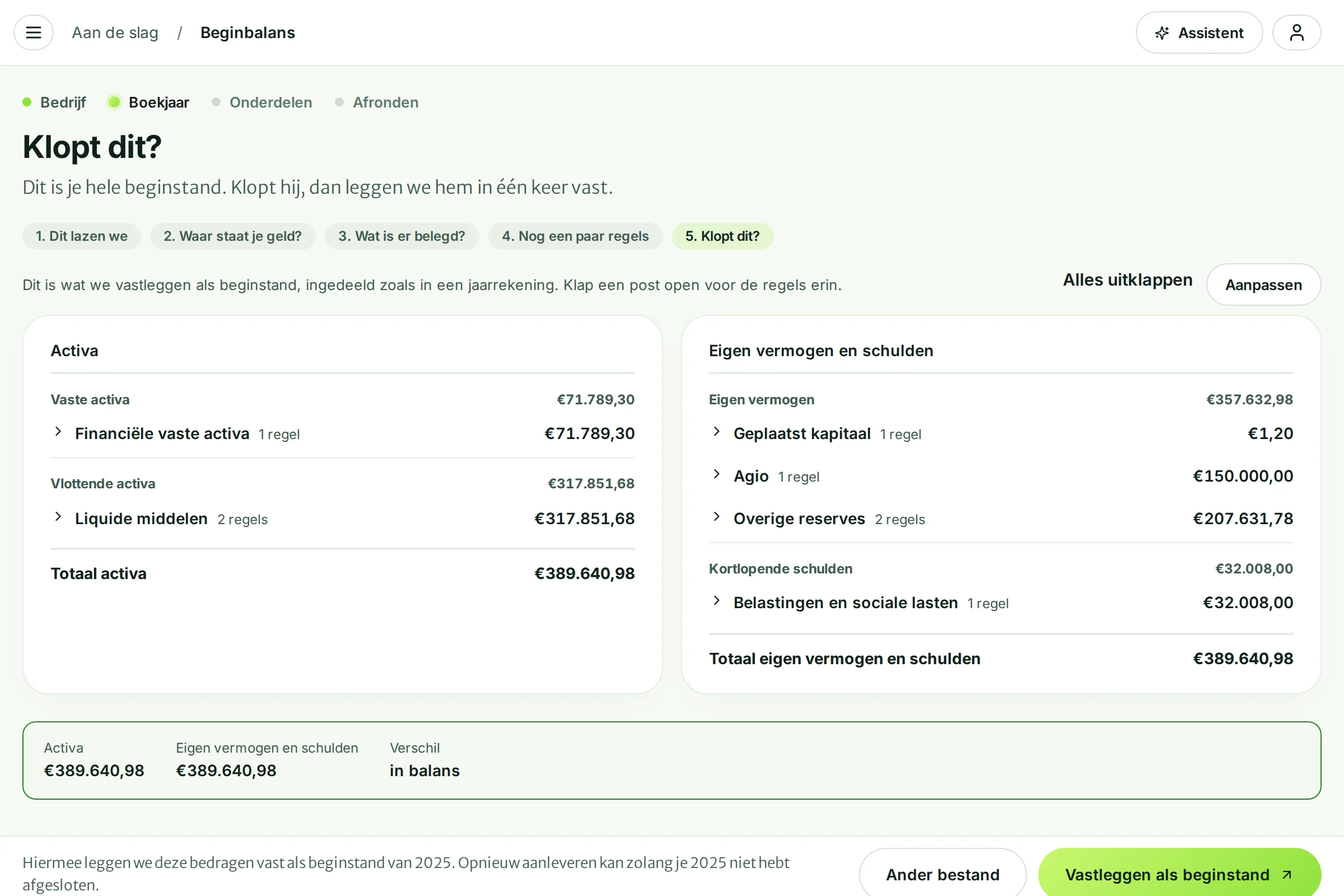 Het scherm Klopt dit? met de activa en het eigen vermogen en de schulden naast elkaar