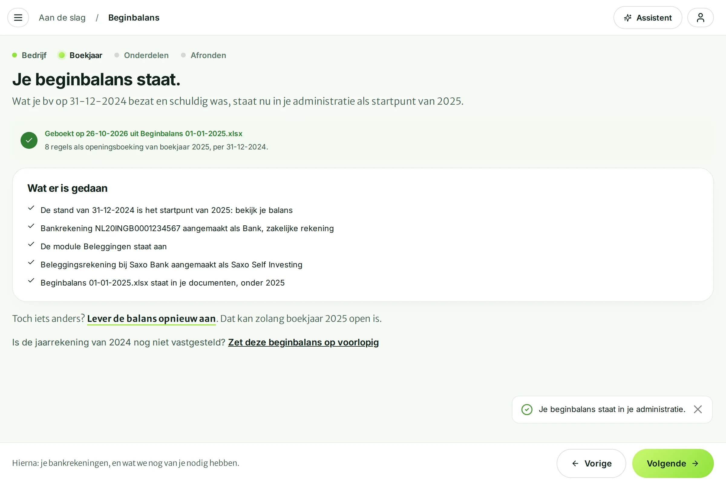 Het scherm Je beginbalans staat met een lijst van wat er is gedaan
