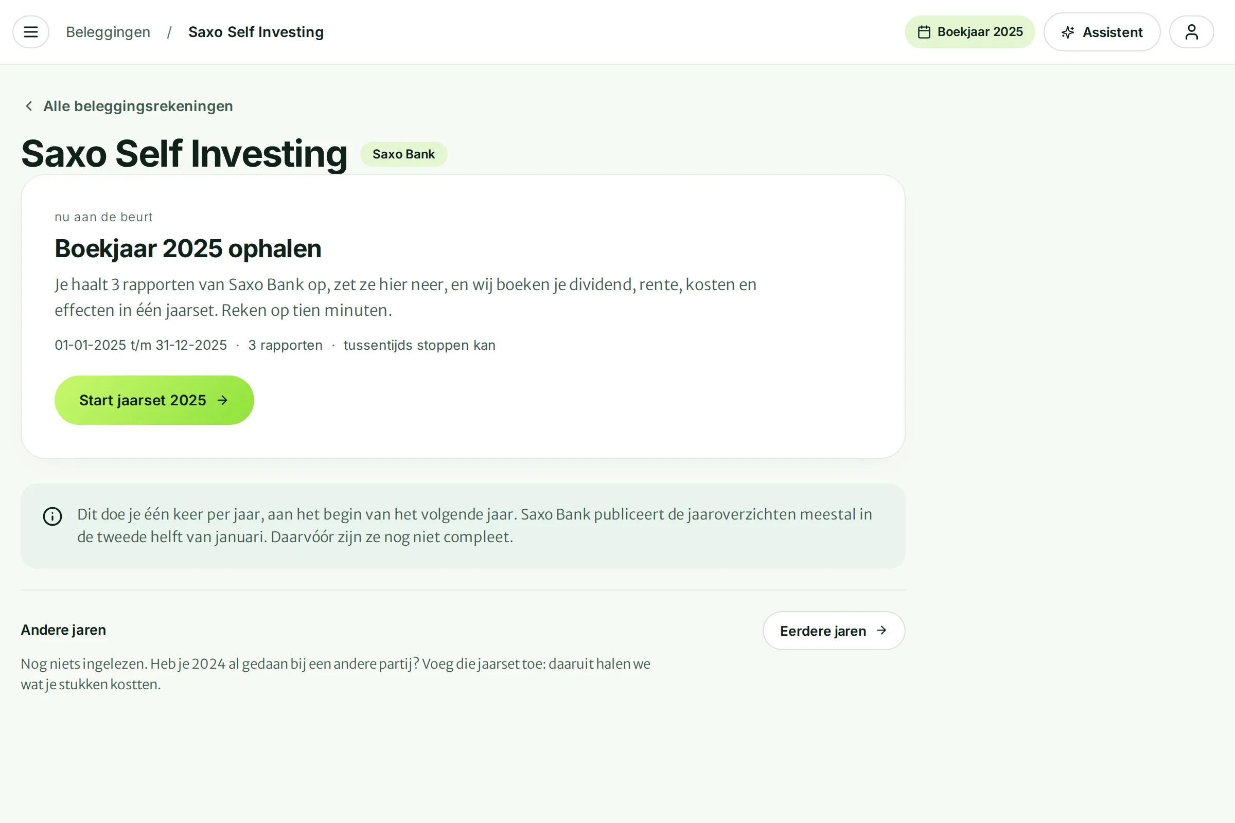 De pagina van Saxo Self Investing met de knop Start jaarset 2025