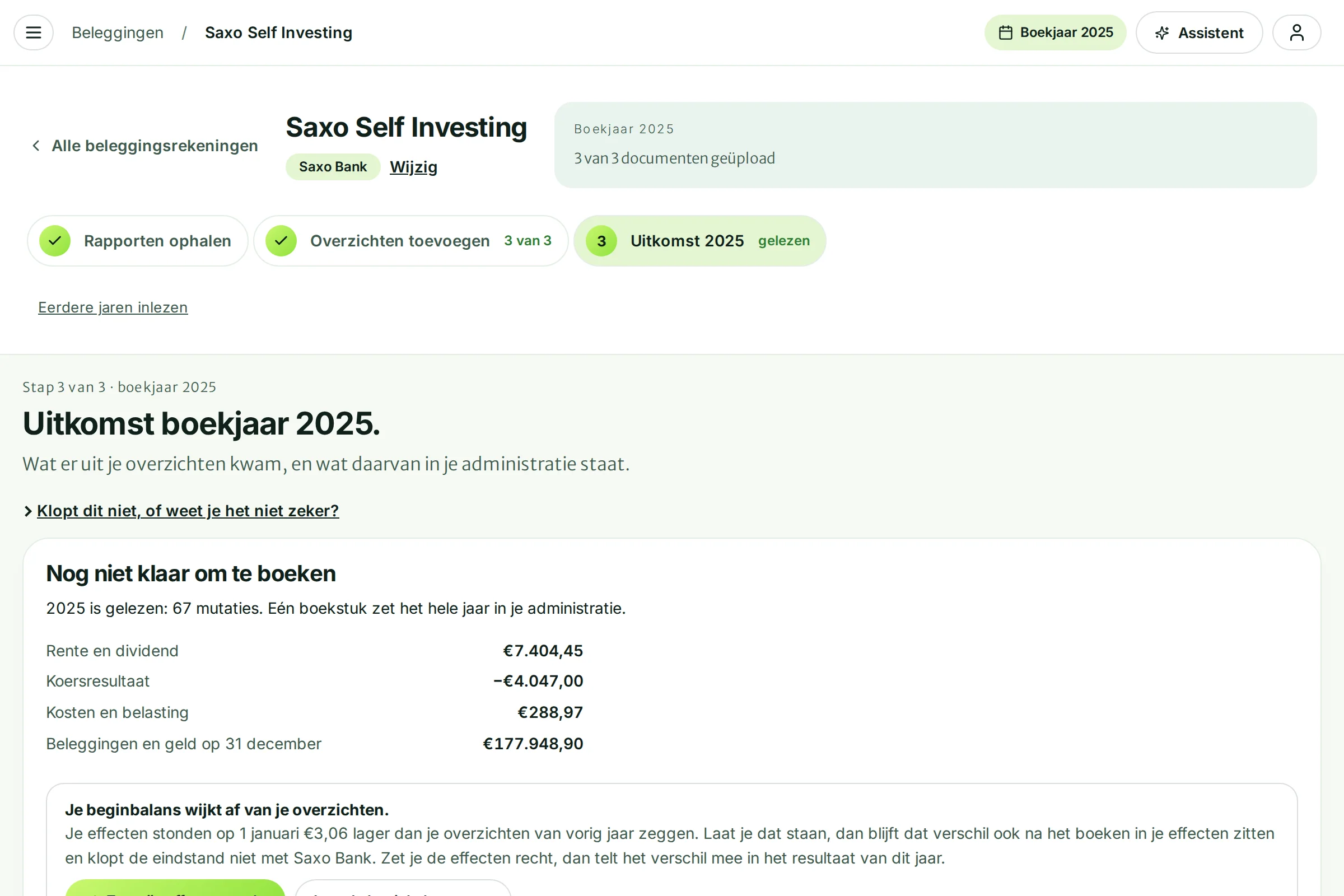 Stap 3 van 3: Uitkomst boekjaar 2025 met de bedragen van het jaar