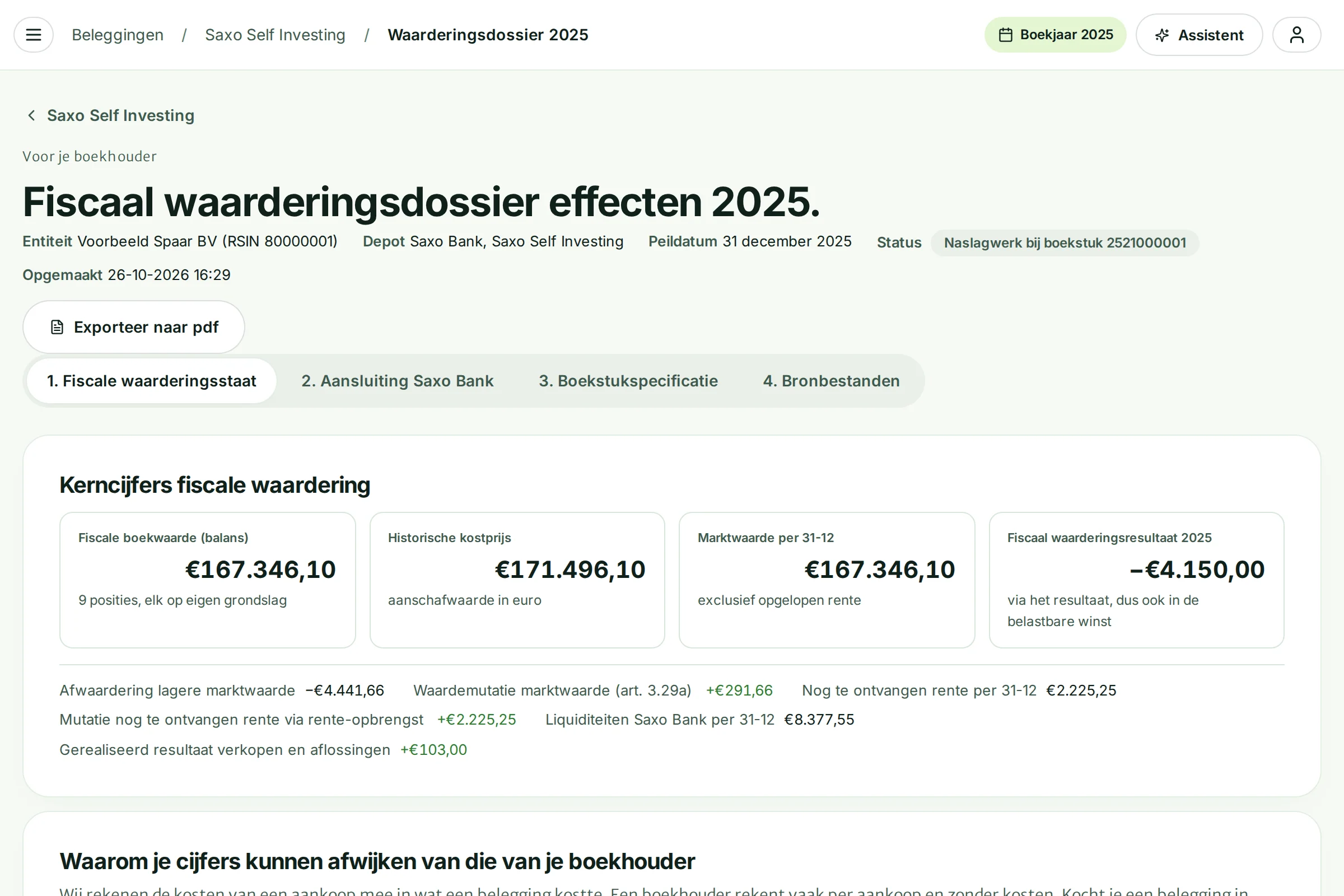 Het fiscale waarderingsdossier effecten 2025 met de kerncijfers en vier tabs