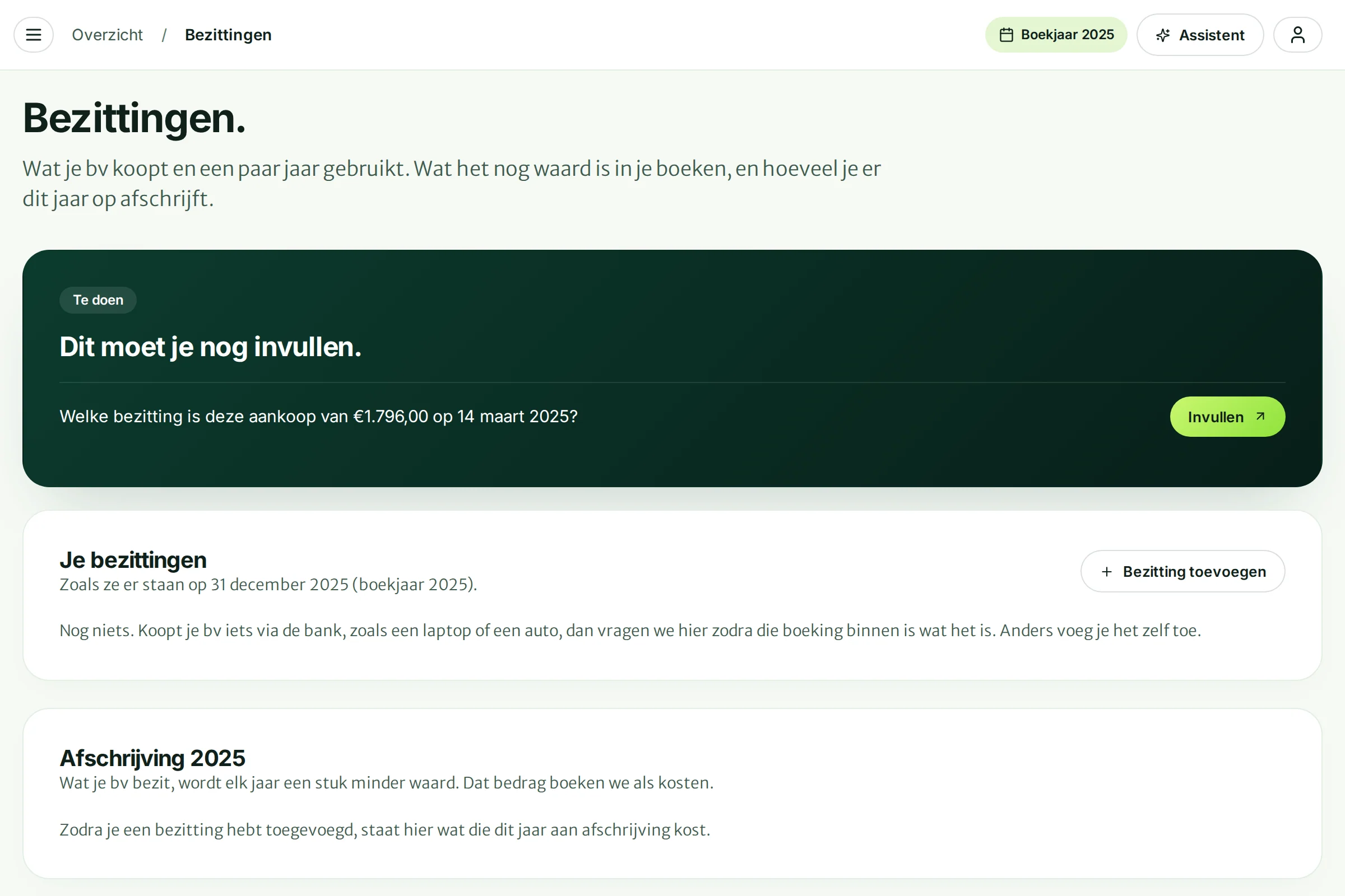 De pagina Bezittingen met de taak Welke bezitting is deze aankoop van 1.796 euro op 14 maart 2025?