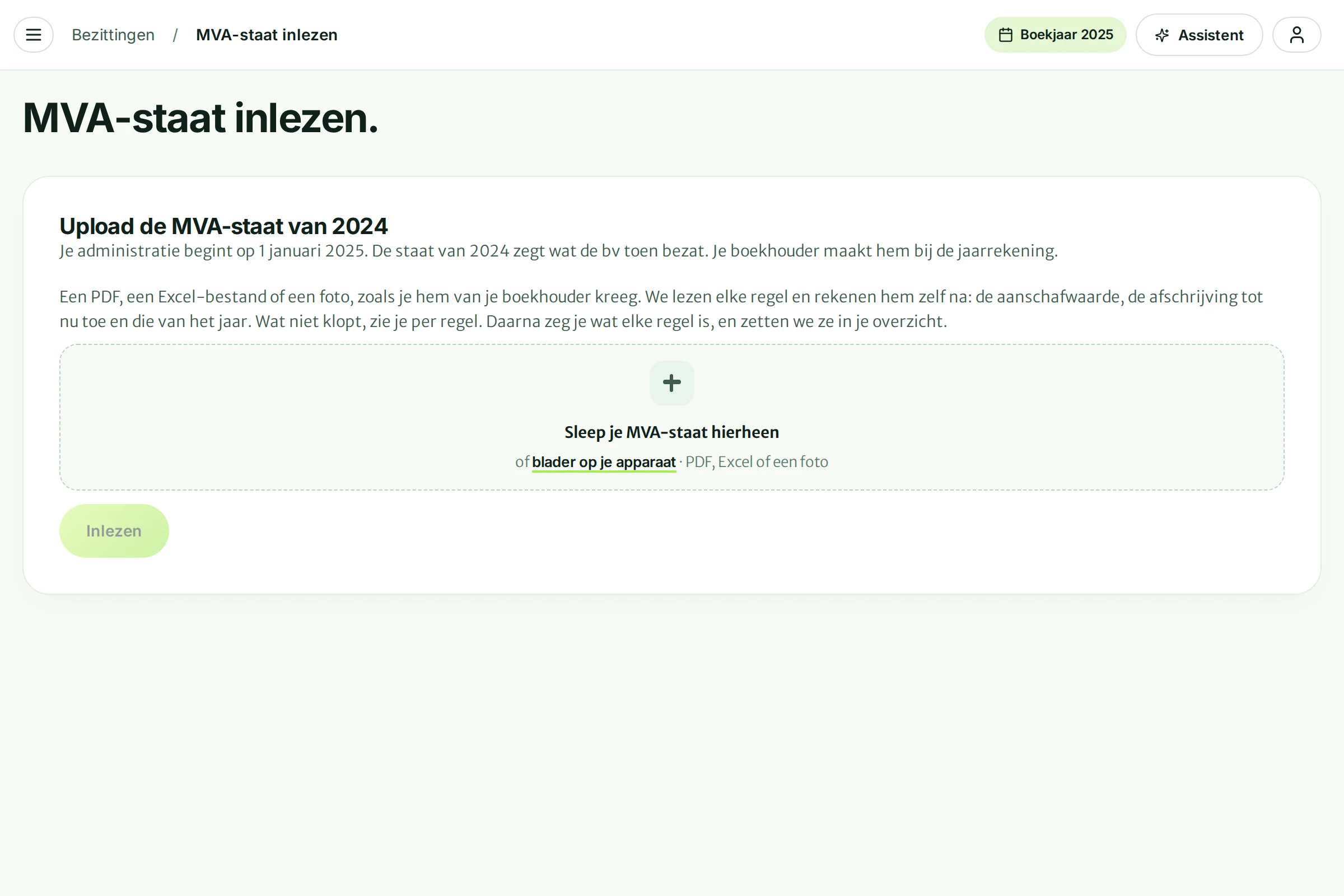 De pagina MVA-staat inlezen met een vak om het bestand in te slepen