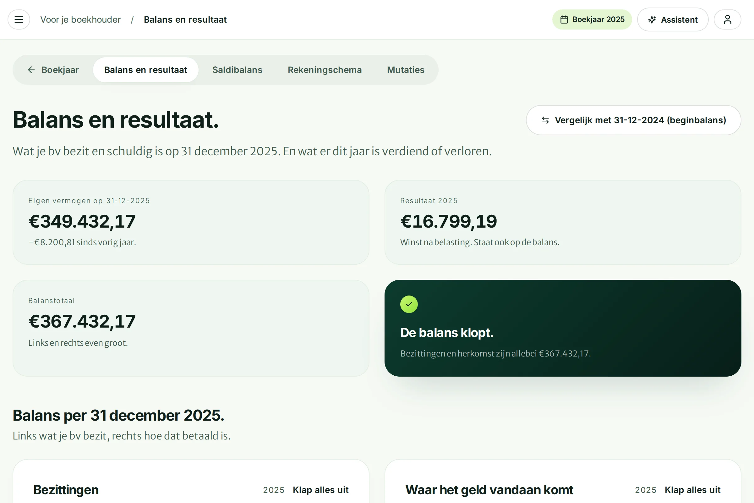 De pagina Balans en resultaat met het eigen vermogen, het resultaat 2025 en het balanstotaal
