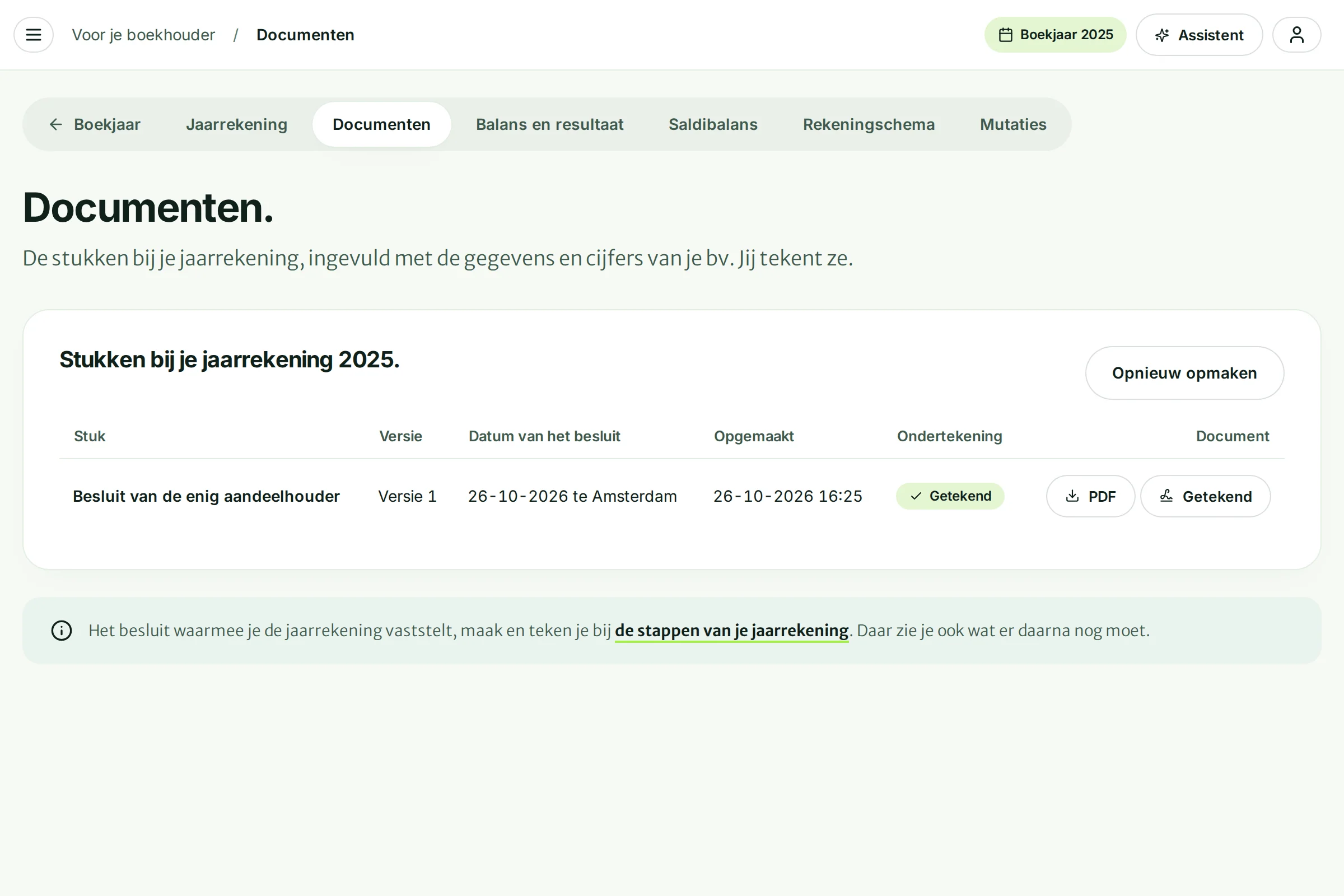 De pagina Documenten met het getekende besluit van de enig aandeelhouder over 2025