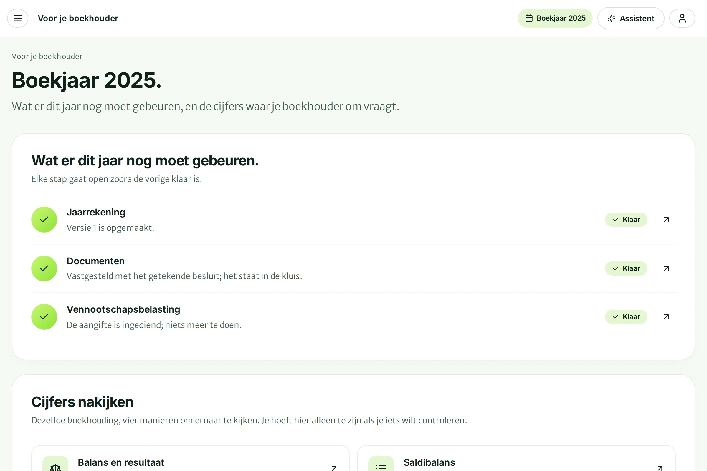 De pagina Voor je boekhouder met wat er dit jaar nog moet gebeuren en de manieren om je cijfers te bekijken