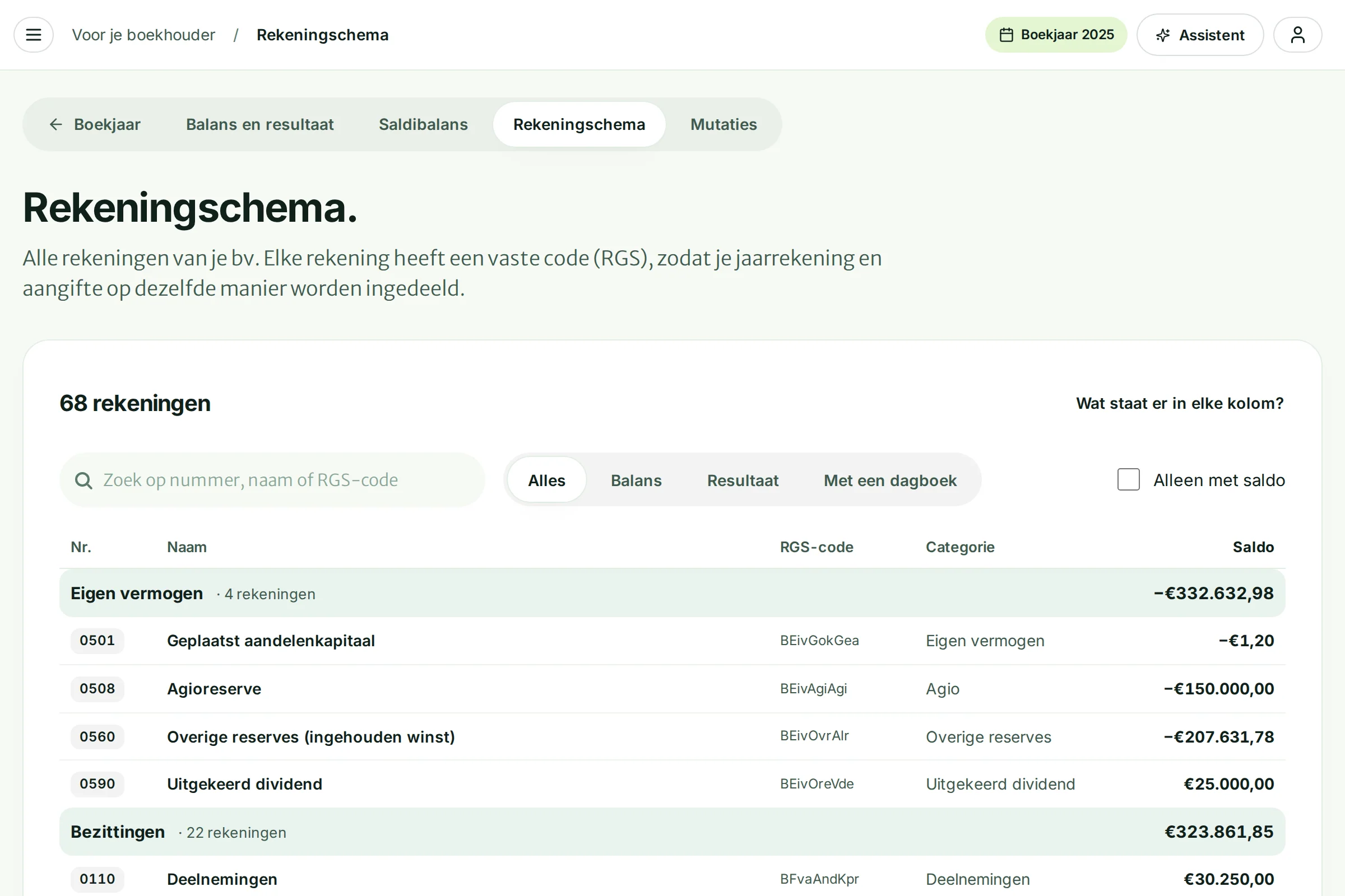 Het rekeningschema met 68 rekeningen, per groep met nummer, naam, RGS-code en saldo