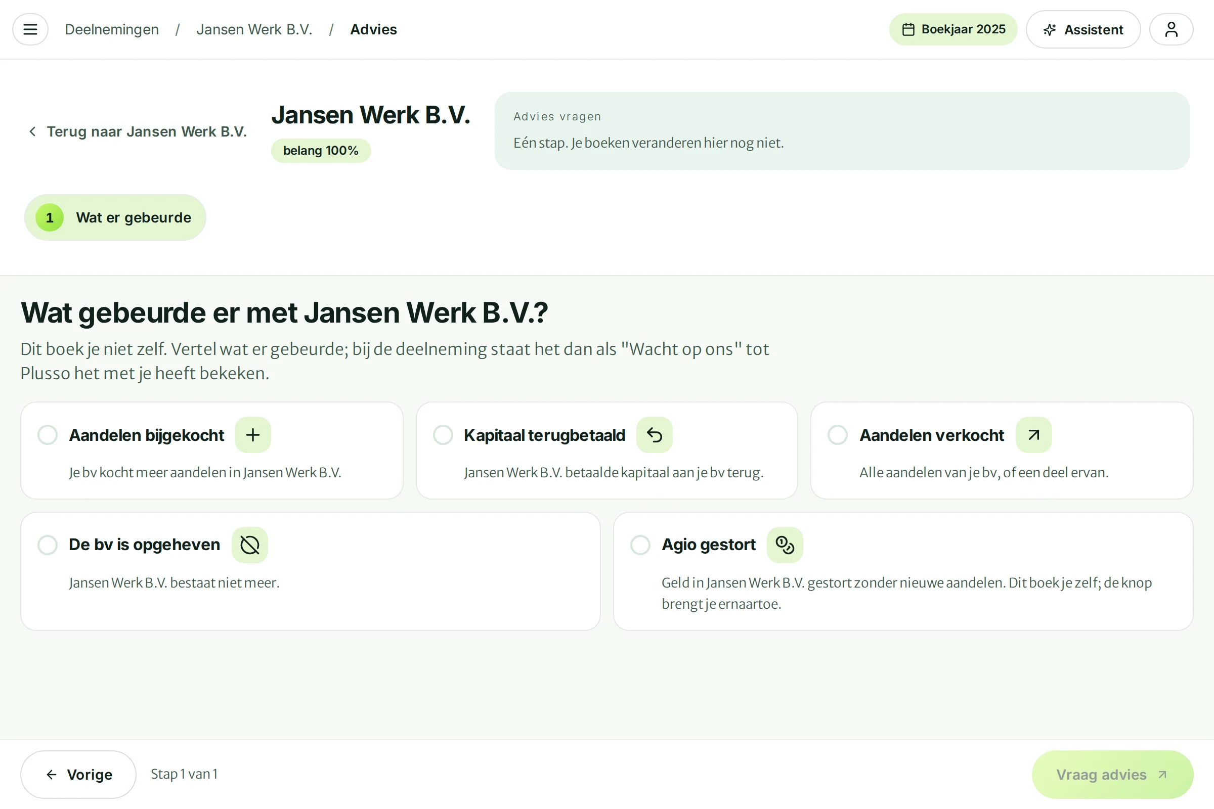De vraag Wat gebeurde er met Jansen Werk B.V.? met vijf keuzes