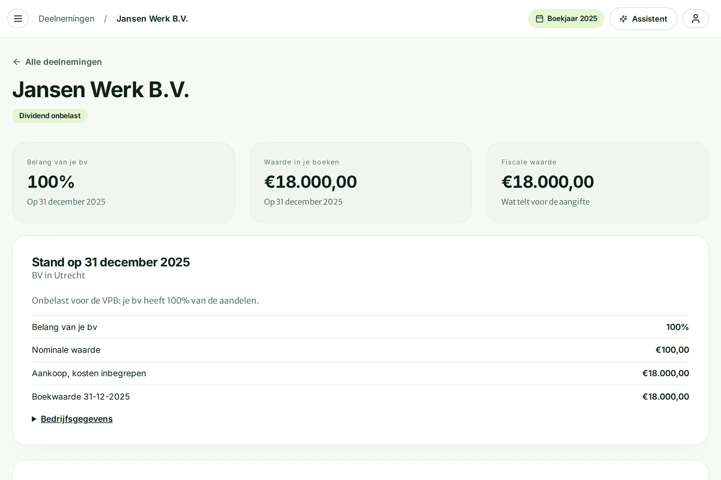 De pagina van Jansen Werk B.V. met het belang, de waarde in je boeken en de fiscale waarde