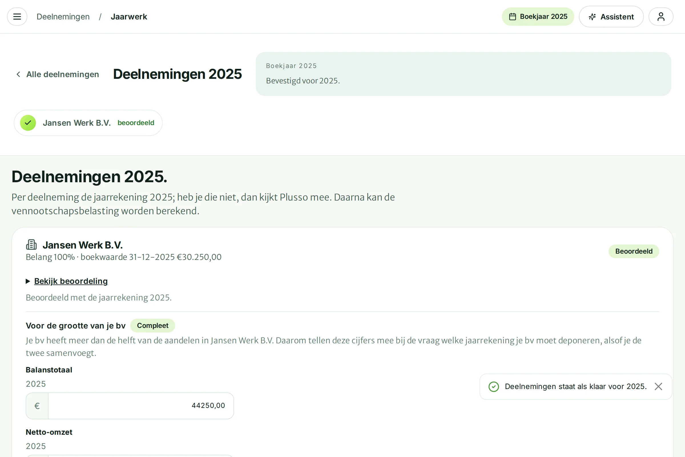 De deelneming Jansen Werk B.V. beoordeeld met de jaarrekening 2025