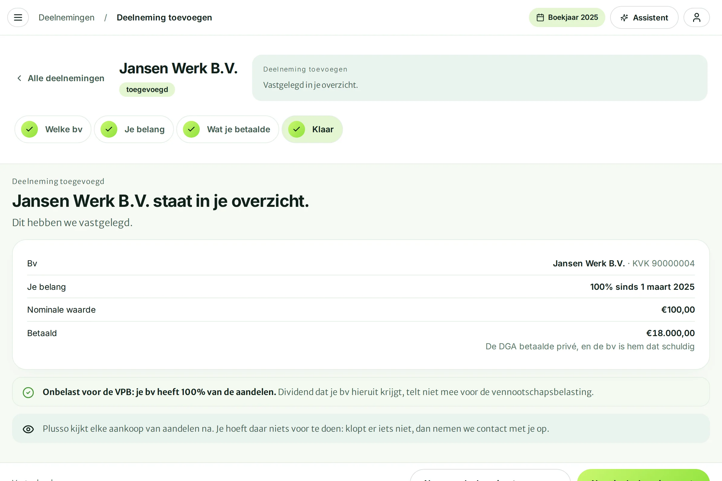 Jansen Werk B.V. staat in je overzicht, met het belang en de melding Onbelast voor de VPB