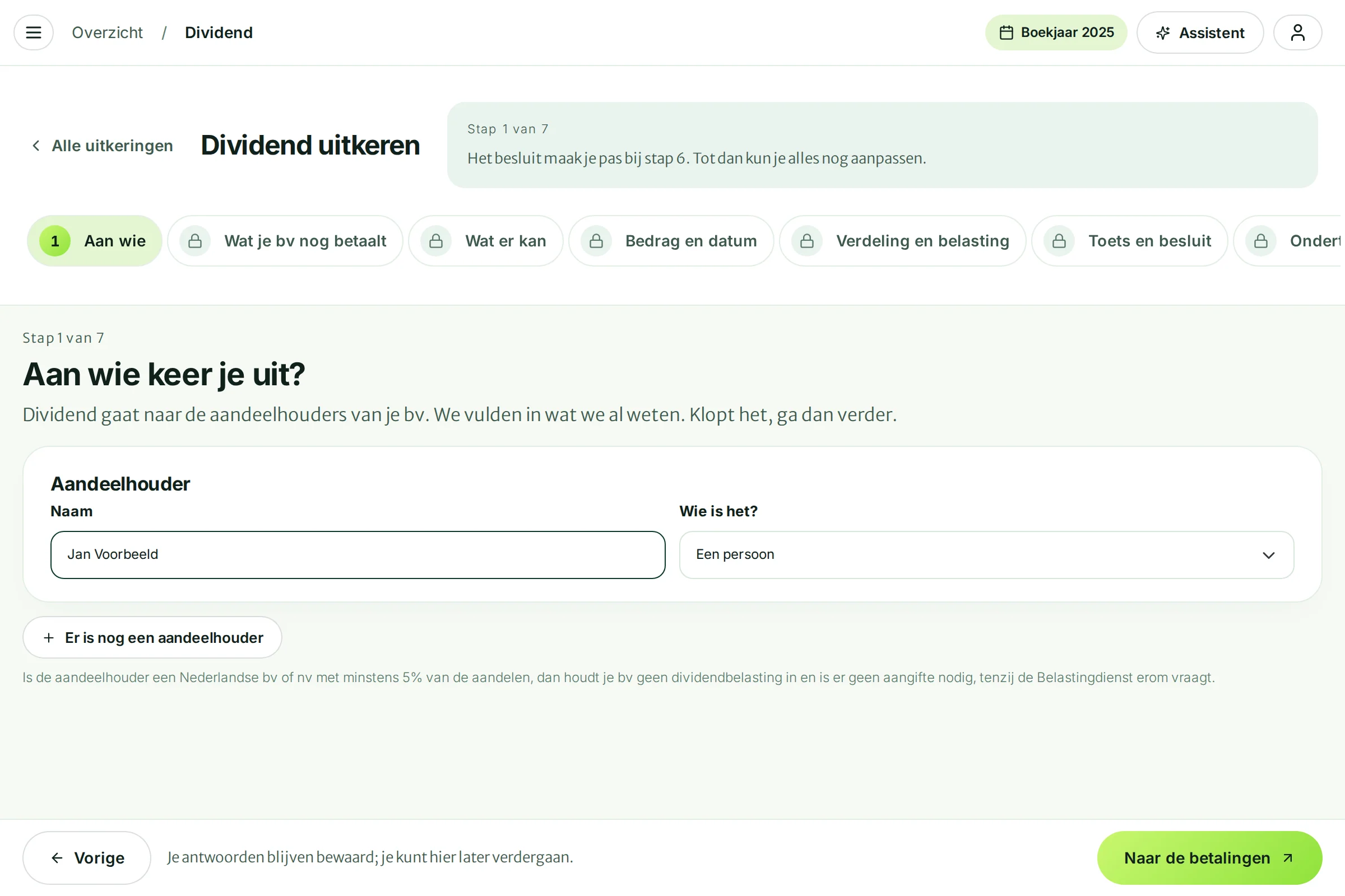 Stap 1: Aan wie keer je uit? met de aandeelhouder Jan Voorbeeld