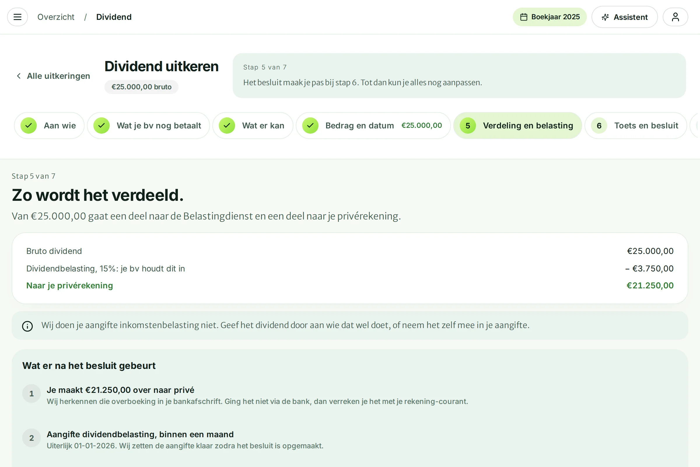 Stap 5: Zo wordt het verdeeld, met bruto dividend, dividendbelasting en het bedrag naar privé