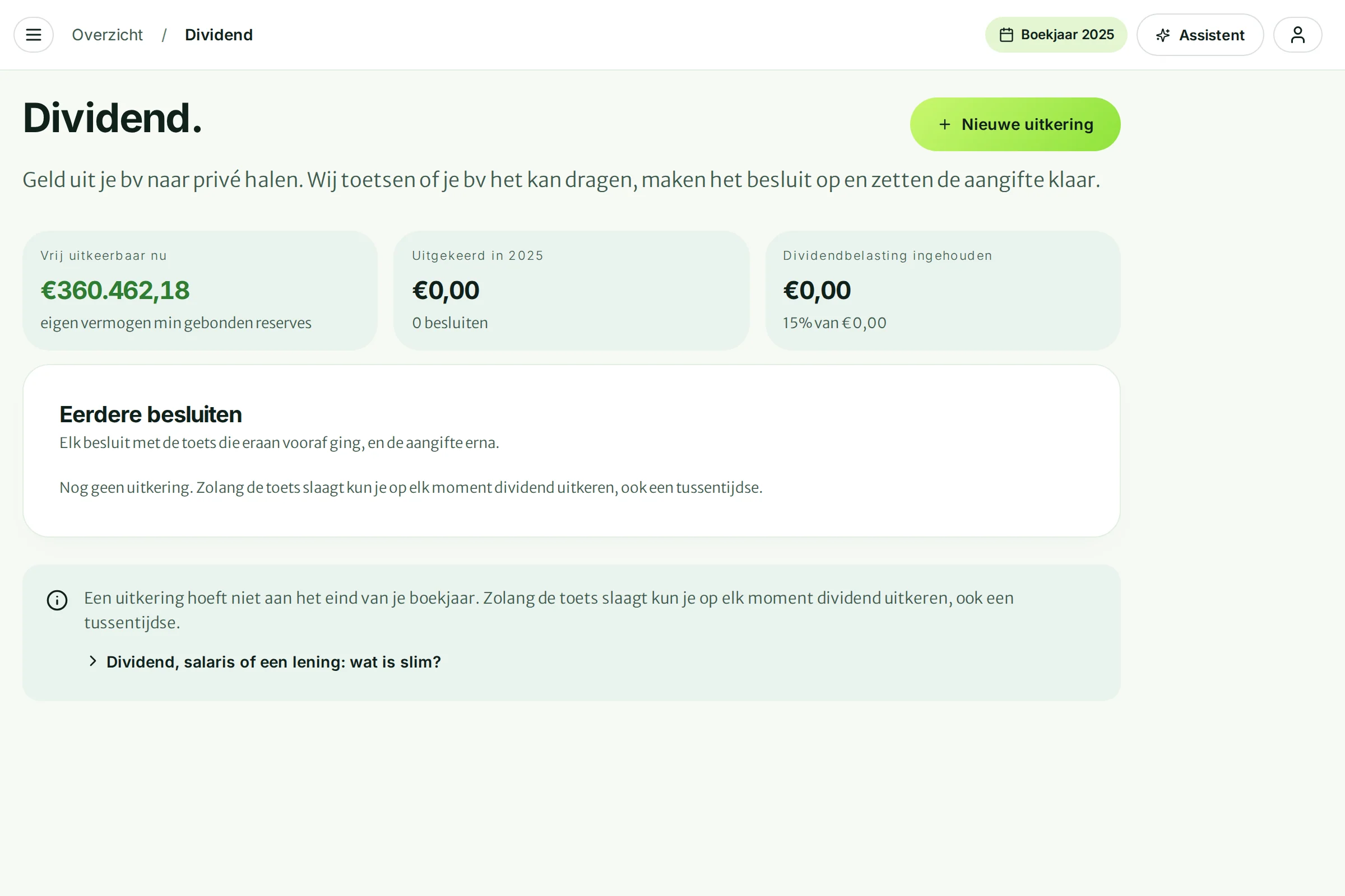 De pagina Dividend met de knop Nieuwe uitkering en drie tegels met bedragen