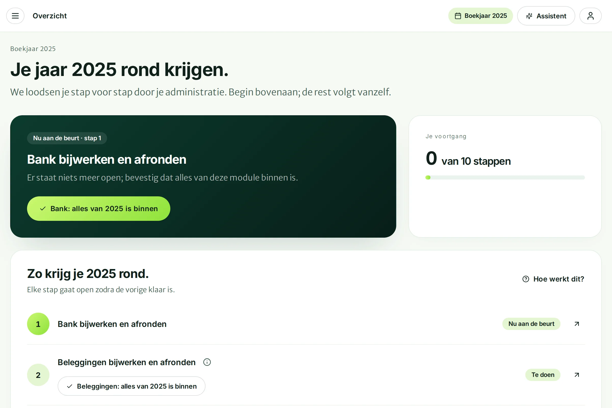 Het overzicht van Plusso met de stappen om het boekjaar rond te krijgen