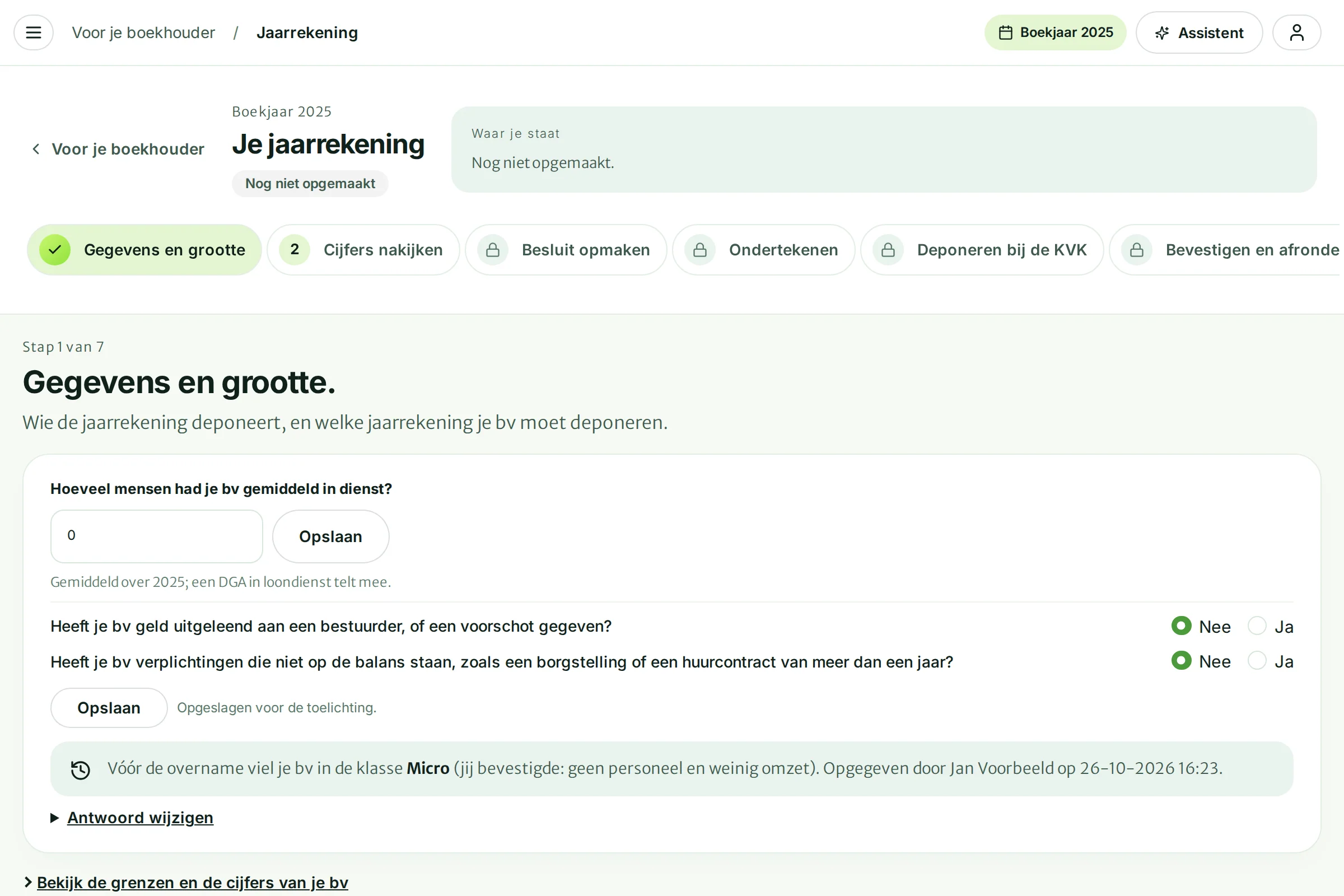 De vragen voor de toelichting ingevuld: nul mensen in dienst, twee keer Nee