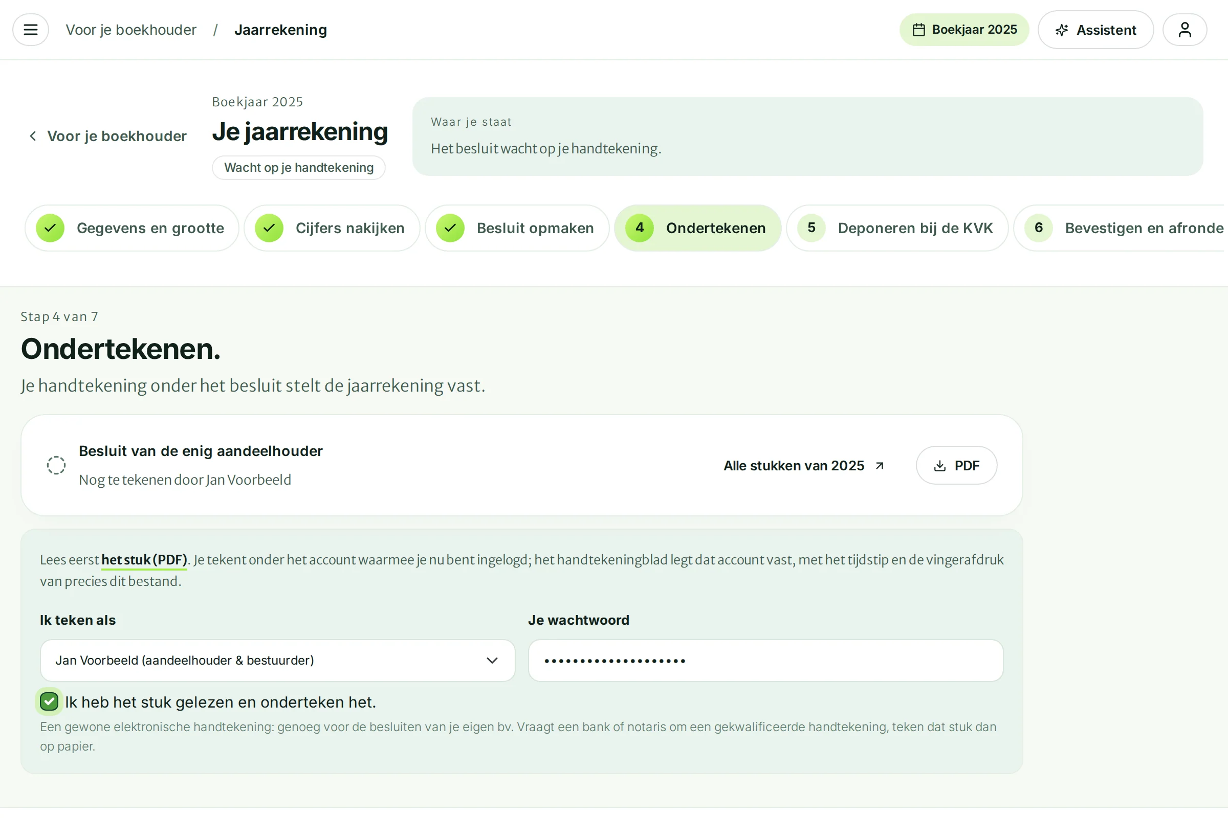 Stap 4 Ondertekenen met de ondertekenaar, het wachtwoord en het vinkje ingevuld