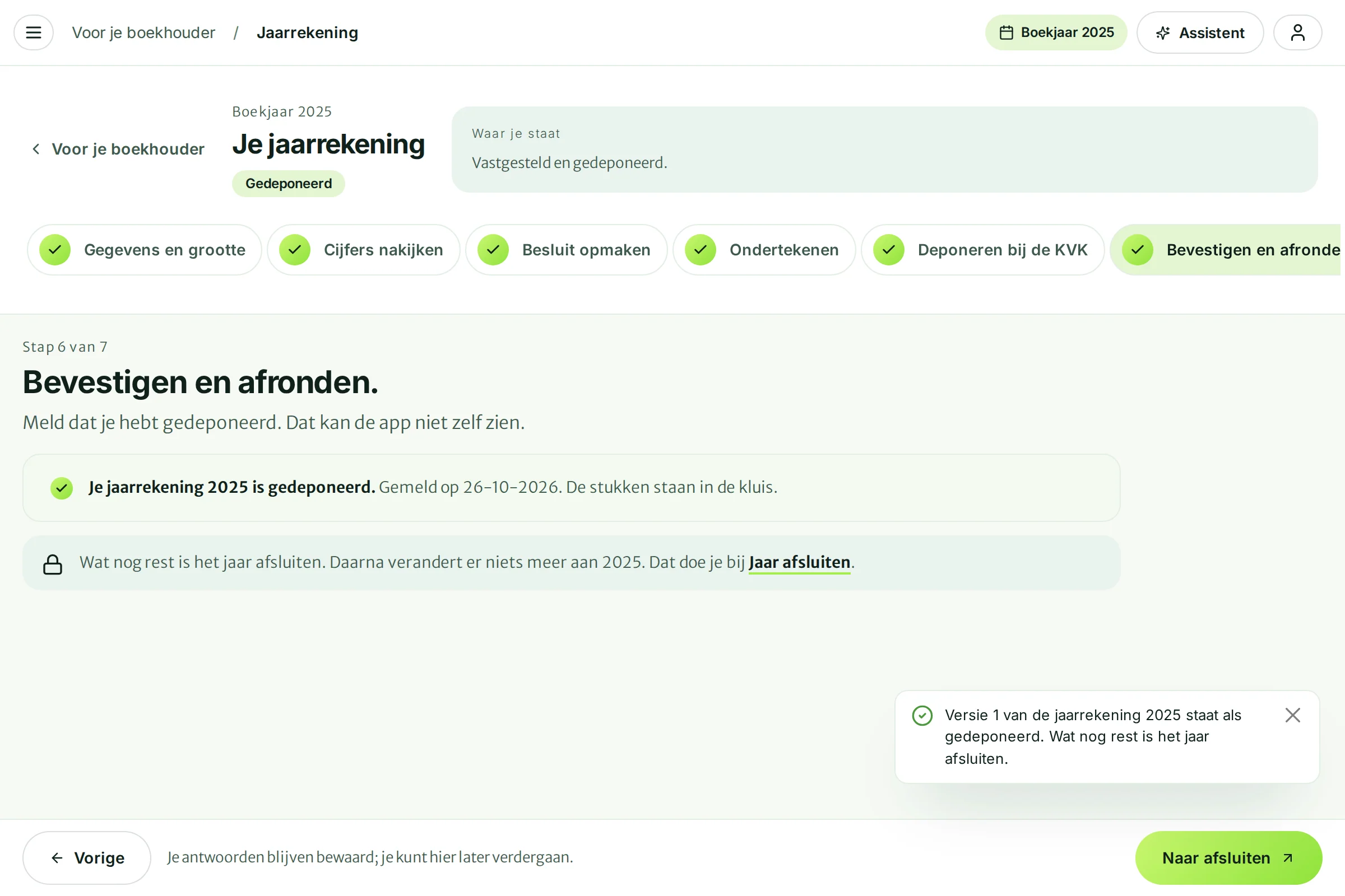 De jaarrekening 2025 staat als gedeponeerd, met de datum van de melding