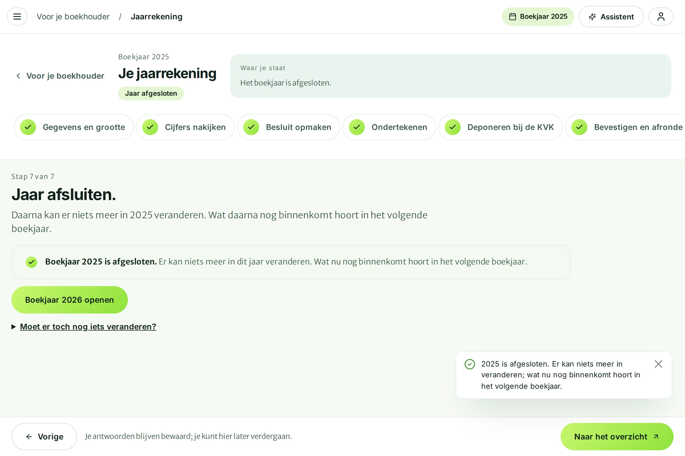 De melding dat 2025 is afgesloten, met de knop Boekjaar 2026 openen
