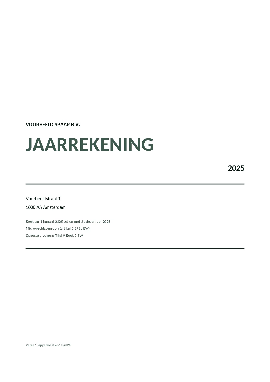 Het voorblad van de jaarrekening 2025 van Voorbeeld Spaar B.V.