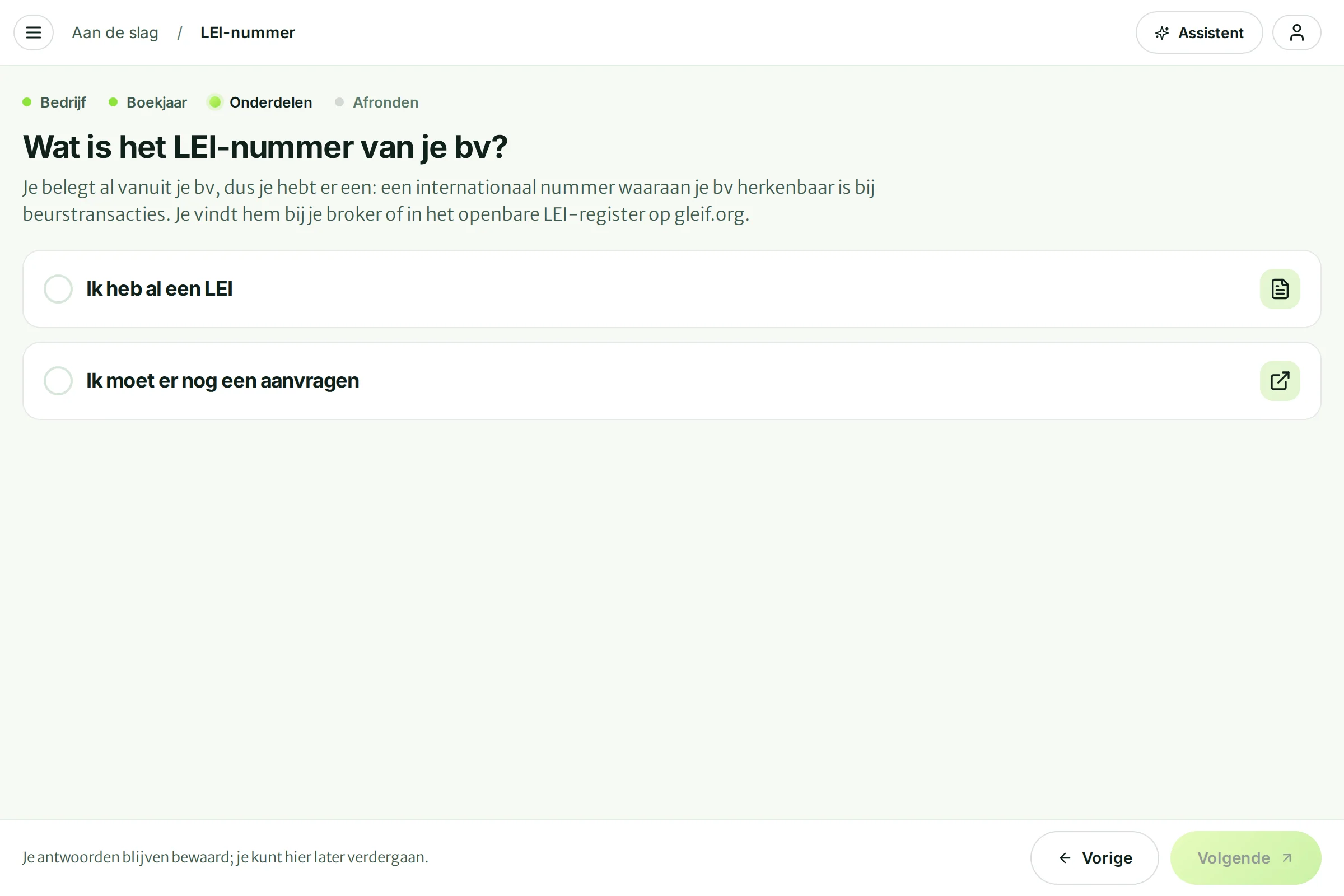 De vraag Wat is het LEI-nummer van je bv? met twee keuzes