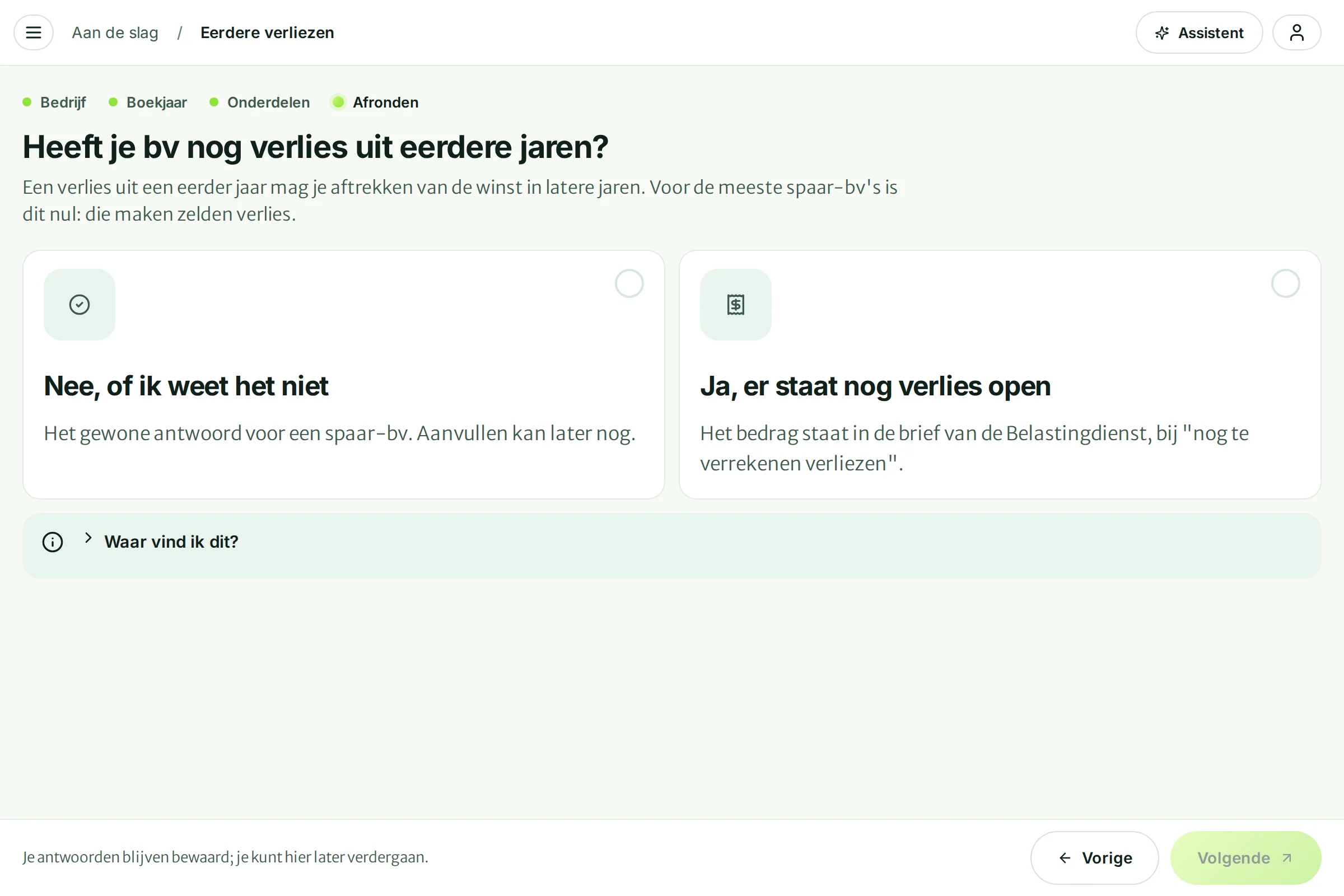 De vraag Heeft je bv nog verlies uit eerdere jaren? met twee keuzes