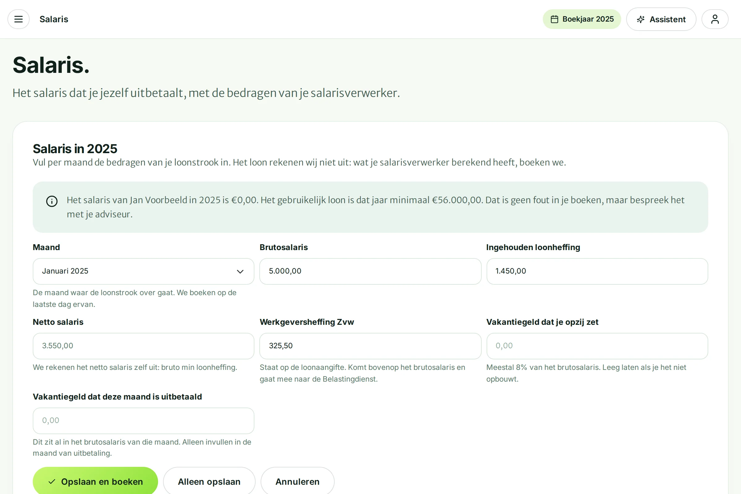 Het formulier voor januari 2025 met bruto, loonheffing, netto en werkgeversheffing ingevuld