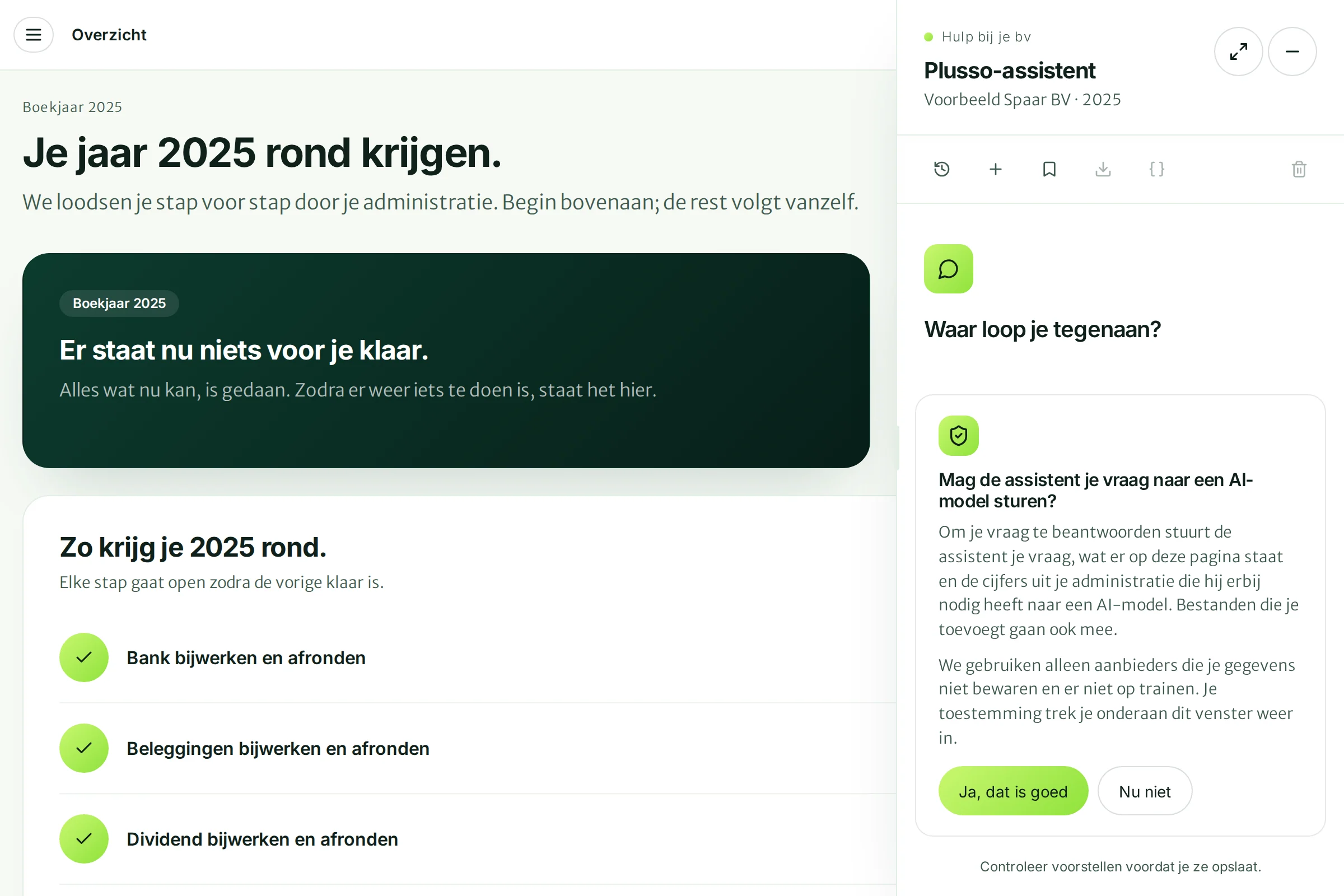 Het venster van de Plusso-assistent met de vraag of hij je vraag naar een AI-model mag sturen