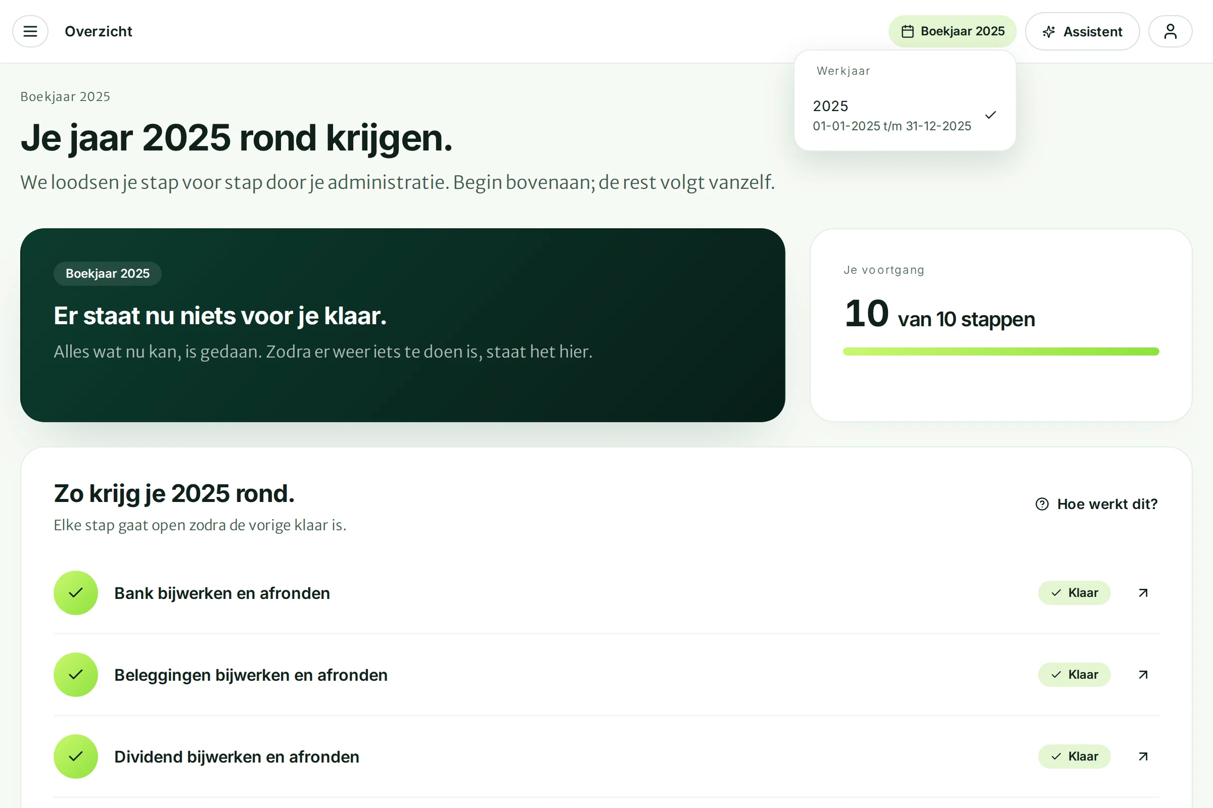 Het keuzemenu van het boekjaar met 2025 van 1 januari tot en met 31 december