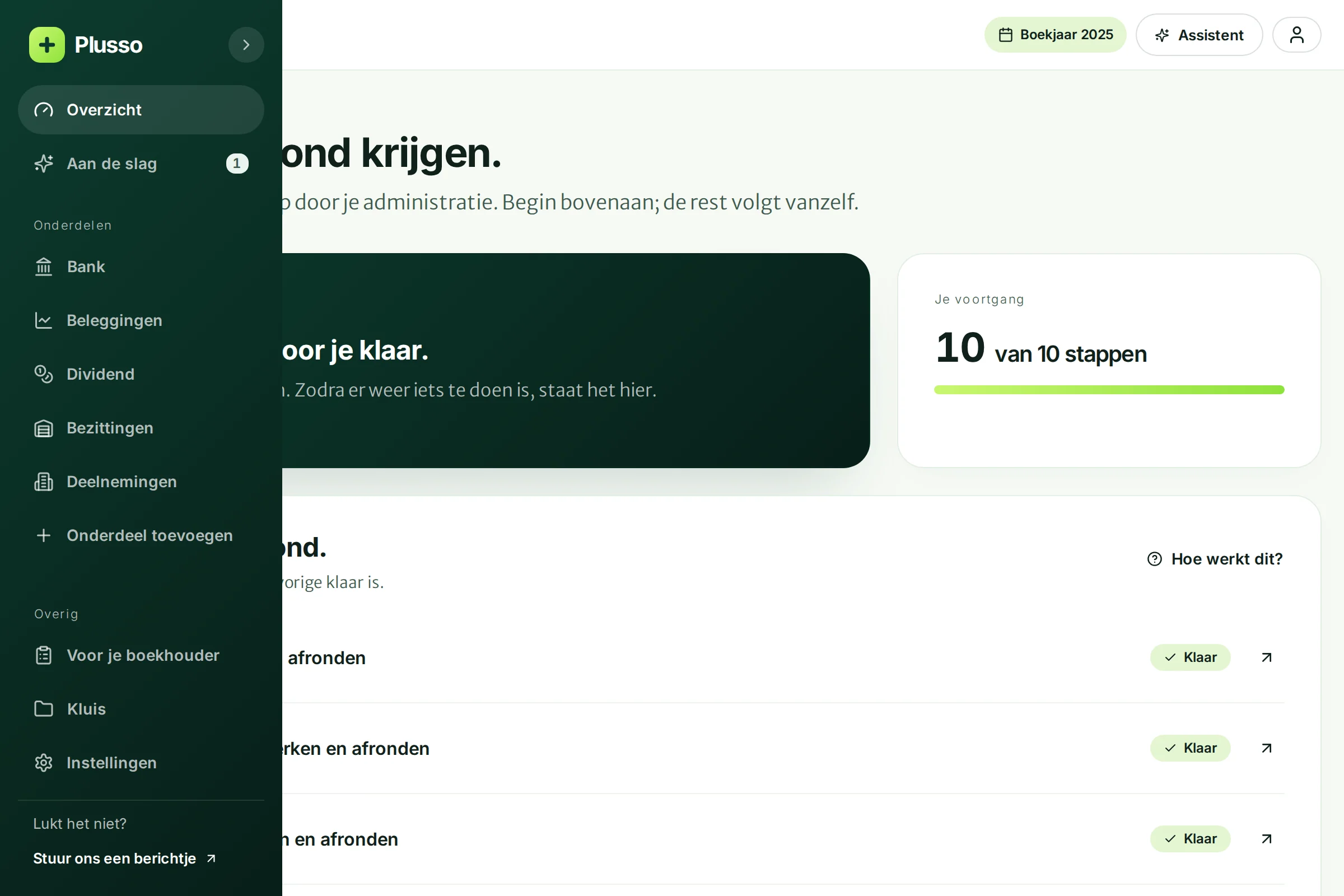 Het geopende menu met Overzicht, Aan de slag, de onderdelen en Overig