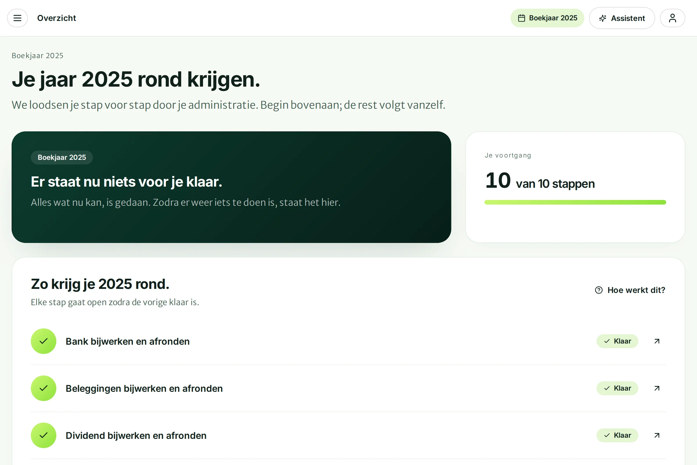 Het overzicht met de stap die nu aan de beurt is, je voortgang en de stappen van het jaar